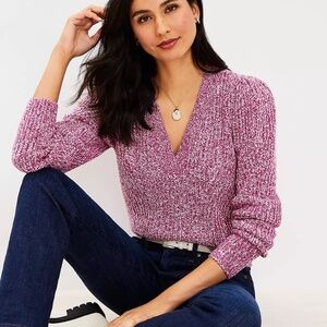 LOFT Marled Pink Puff Sleeve‎ V-Neck Sweater Women’s Size L